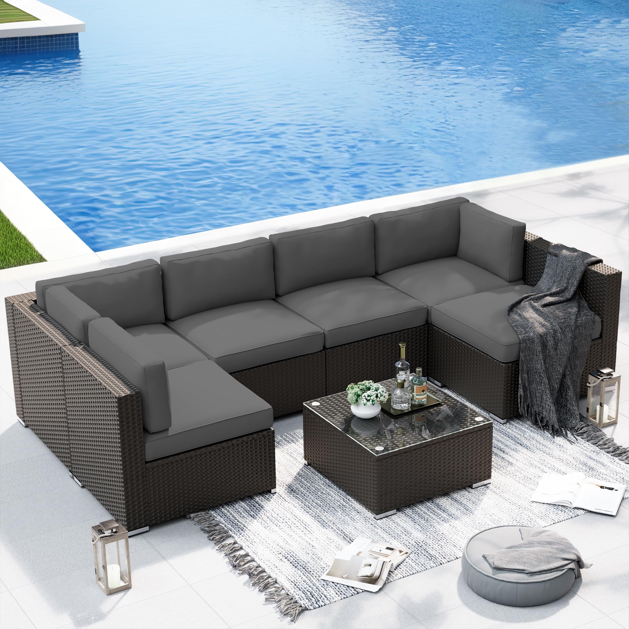 SOLAURA 7 Pieces Outdoor Patio Furniture Set, Black Brown Rattan Outdoor Patio Sectional Conversation Set, Modular Sofa Set with Coffee Table, Grey Cushion