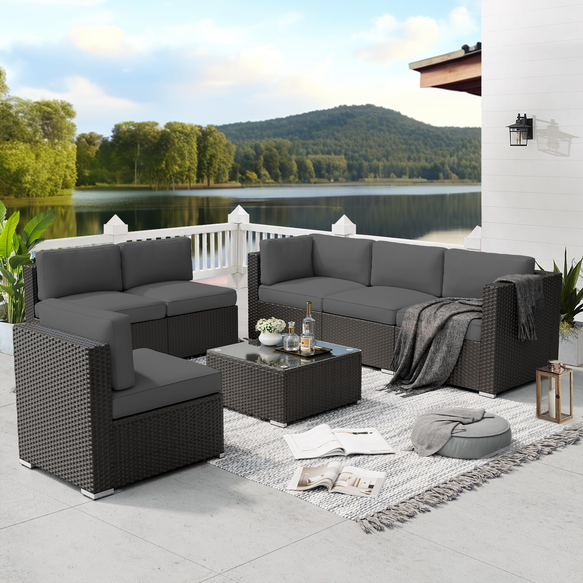 SOLAURA 7 Pieces Outdoor Patio Furniture Set, Black Brown Rattan Outdoor Patio Sectional Conversation Set, Modular Sofa Set with Coffee Table, Grey Cushion