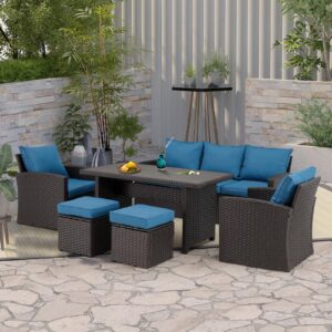 homrest 6 pieces patio furniture sets clearance, patio dining sofa set outdoor sectional sofa conversation set all weather wicker rattan couch dining table & chair (blue)