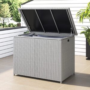 Lepus Large Outdoor Waterfroof Deck Box, Grey 130 Gallon Rattan Deck Storage Box with Built-in Waterproof Bag for Seat Cushion on Patio Garden, Poolside