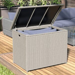 lepus large outdoor waterfroof deck box, grey 130 gallon rattan deck storage box with built-in waterproof bag for seat cushion on patio garden, poolside