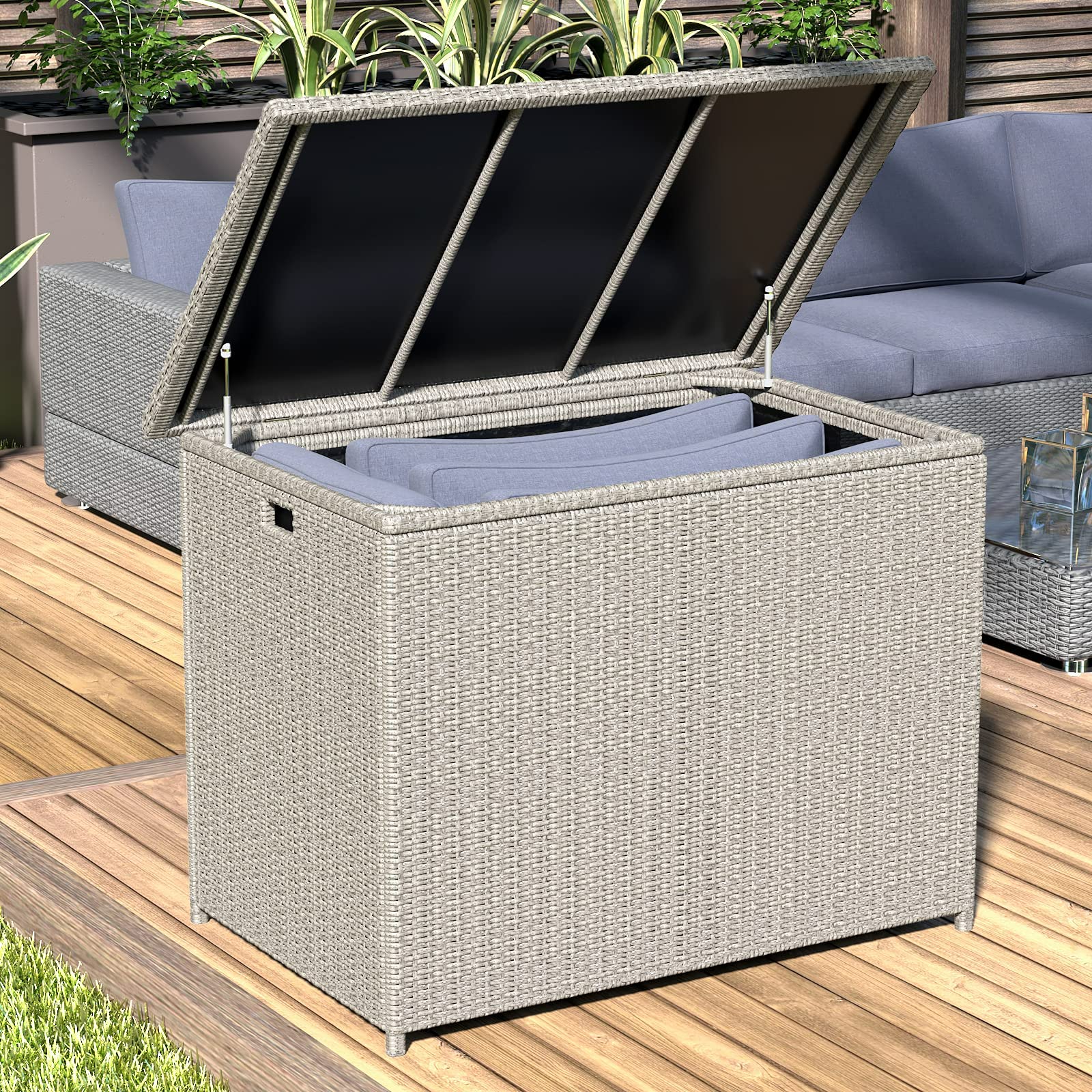 Lepus Large Outdoor Waterfroof Deck Box, Grey 130 Gallon Rattan Deck Storage Box with Built-in Waterproof Bag for Seat Cushion on Patio Garden, Poolside