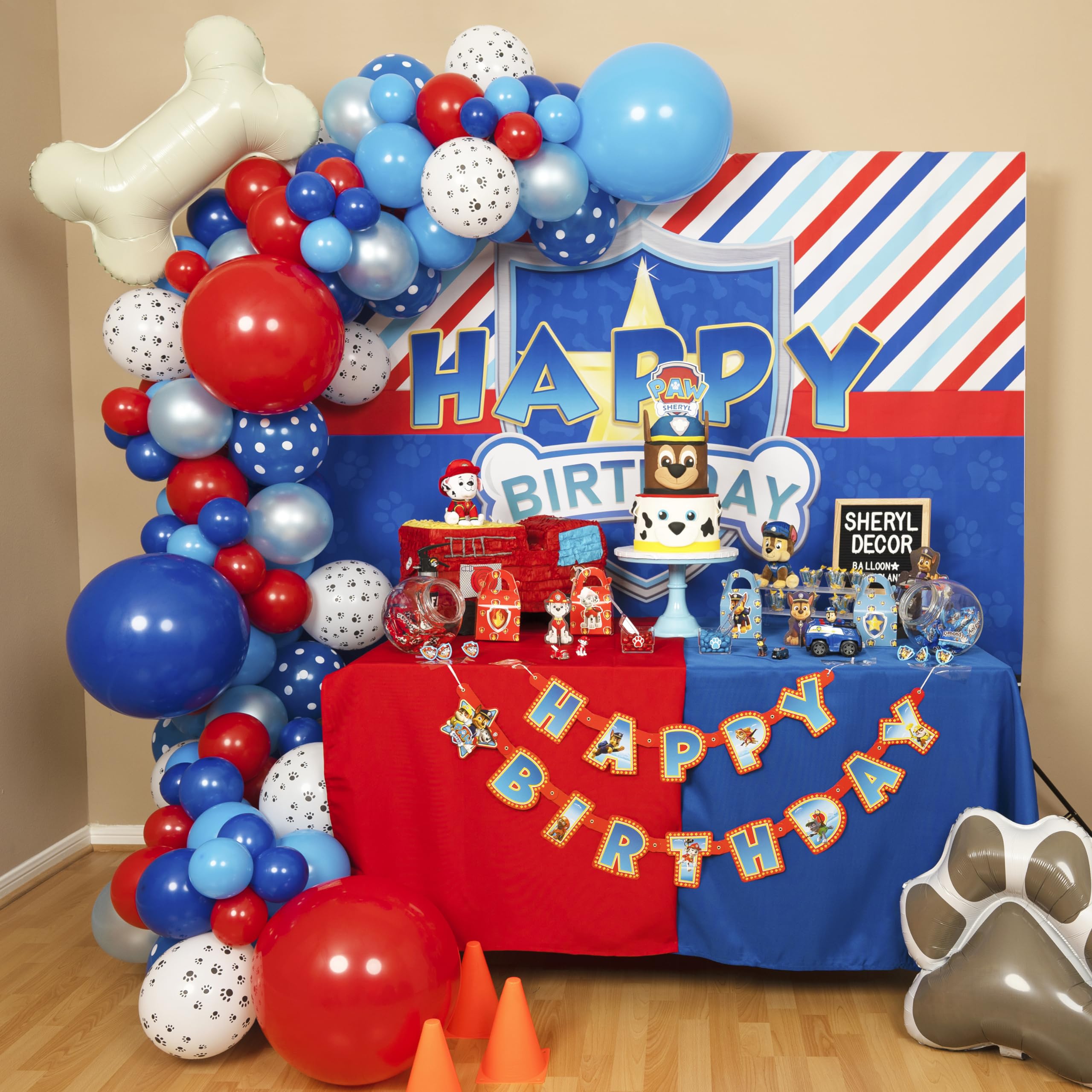 ALL-IN-1 Paw Balloon Arch & Garland Kit with BONUS Dog Bone – Small and Large Red, Dark Blue Paw Balloons – Chase Paw Birthday Party Decorations & Supplies – Boy