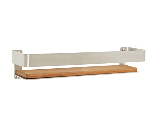 Seachrome Rectangular Shower Shelf with Rail in a Satin Finish and Natural Teak Wood Insert