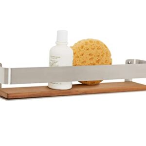 Seachrome Rectangular Shower Shelf with Rail in a Satin Finish and Natural Teak Wood Insert