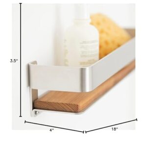 Seachrome Rectangular Shower Shelf with Rail in a Satin Finish and Natural Teak Wood Insert