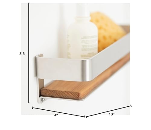 Seachrome Rectangular Shower Shelf with Rail in a Satin Finish and Natural Teak Wood Insert