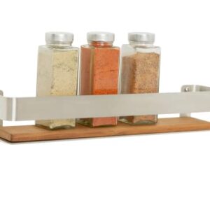 Seachrome Rectangular Shower Shelf with Rail in a Satin Finish and Natural Teak Wood Insert