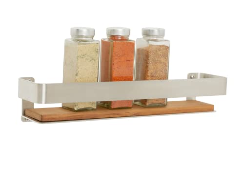 Seachrome Rectangular Shower Shelf with Rail in a Satin Finish and Natural Teak Wood Insert