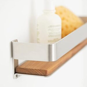 Seachrome Rectangular Shower Shelf with Rail in a Satin Finish and Natural Teak Wood Insert