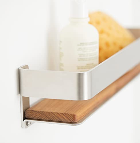 Seachrome Rectangular Shower Shelf with Rail in a Satin Finish and Natural Teak Wood Insert