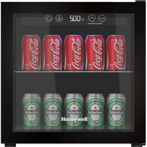 Honeywell Beverage Refrigerator and Cooler, 48 Can Mini Fridge with Glass Door for Soda Beer or Wine for Office or Bar with Adjustable Removable Shelving