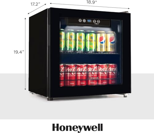 Honeywell Beverage Refrigerator and Cooler, 48 Can Mini Fridge with Glass Door for Soda Beer or Wine for Office or Bar with Adjustable Removable Shelving