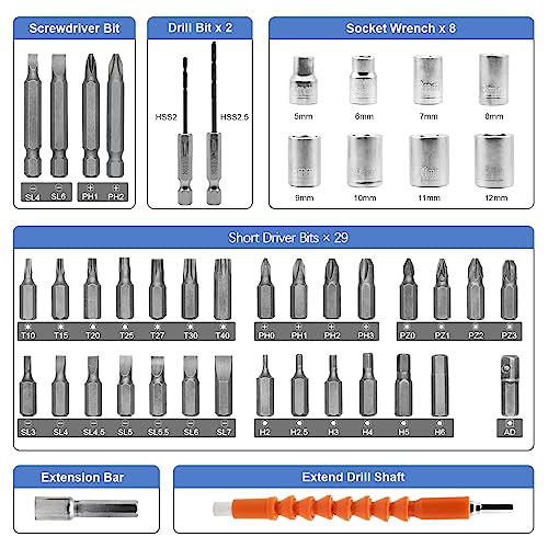 MQFORU Cordless Screwdriver, 47 in 1 Electric Screwdriver, Rechargeable 3.6V Portable Cordless Drills Kit, Dual Position Handle with USB Cable LED Light for Home Office DIY Tools