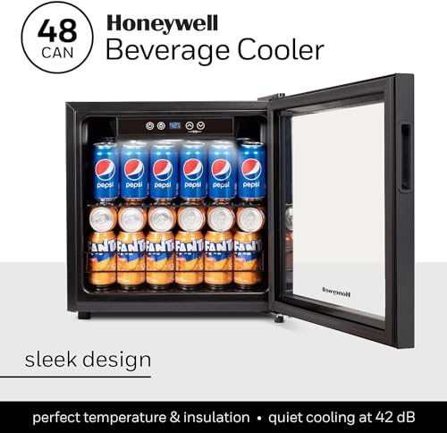 Honeywell Beverage Refrigerator and Cooler, 48 Can Mini Fridge with Glass Door for Soda Beer or Wine for Office or Bar with Adjustable Removable Shelving