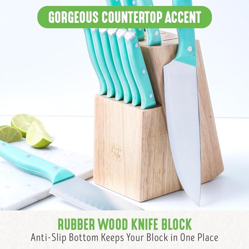 GreenLife High Carbon Stainless Steel 13 Piece Wood Knife Block Set with Chef Steak Knives and more, Comfort Grip Handles, Triple Rivet Cutlery, Turquoise