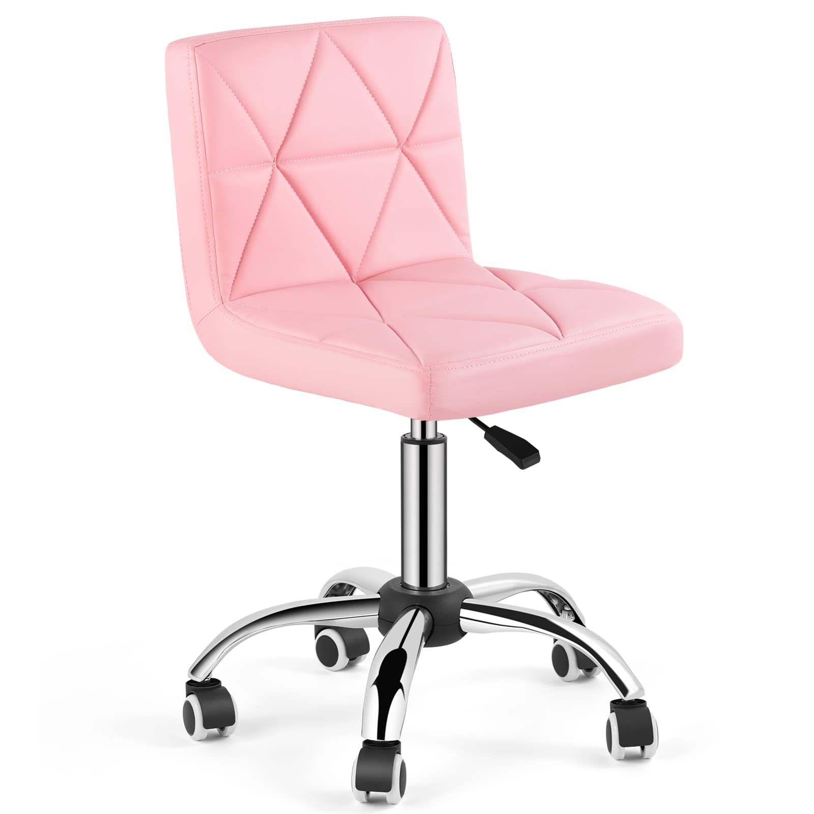 COSVALVE Armless Desk Chair, Low Back Swivel Office Chair, Adjustable Task Chair with Rolling Wheels and Diamond Pattern, for Home Computer Barber, Pink