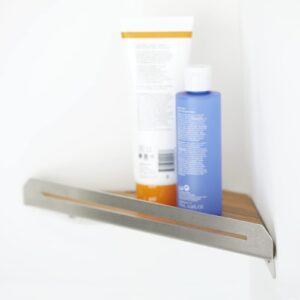 Seachrome Corner Shower Shelf in a Satin Finish with a Natural Teak Wood Insert