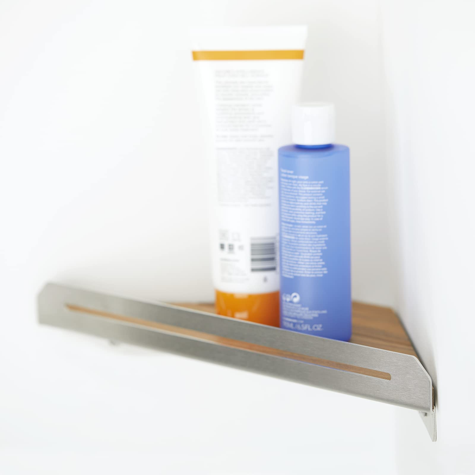 Seachrome Corner Shower Shelf in a Satin Finish with a Natural Teak Wood Insert