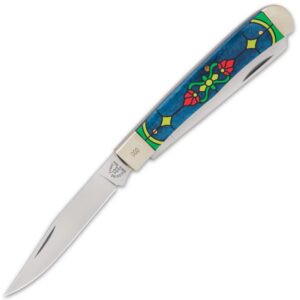 kissing crane trapper knife - sapphire stained glass | pocket knife for men | 4" closed length | 440 stainless steel blades | bone handle scales & nickel silver bolsters