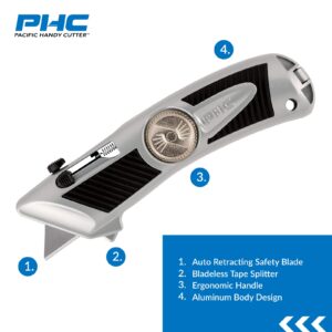 Pacific Handy Cutter QBAR Smart Auto Retract Metal Safety Cutter with Bladeless Tape Splitter (E13301-9)