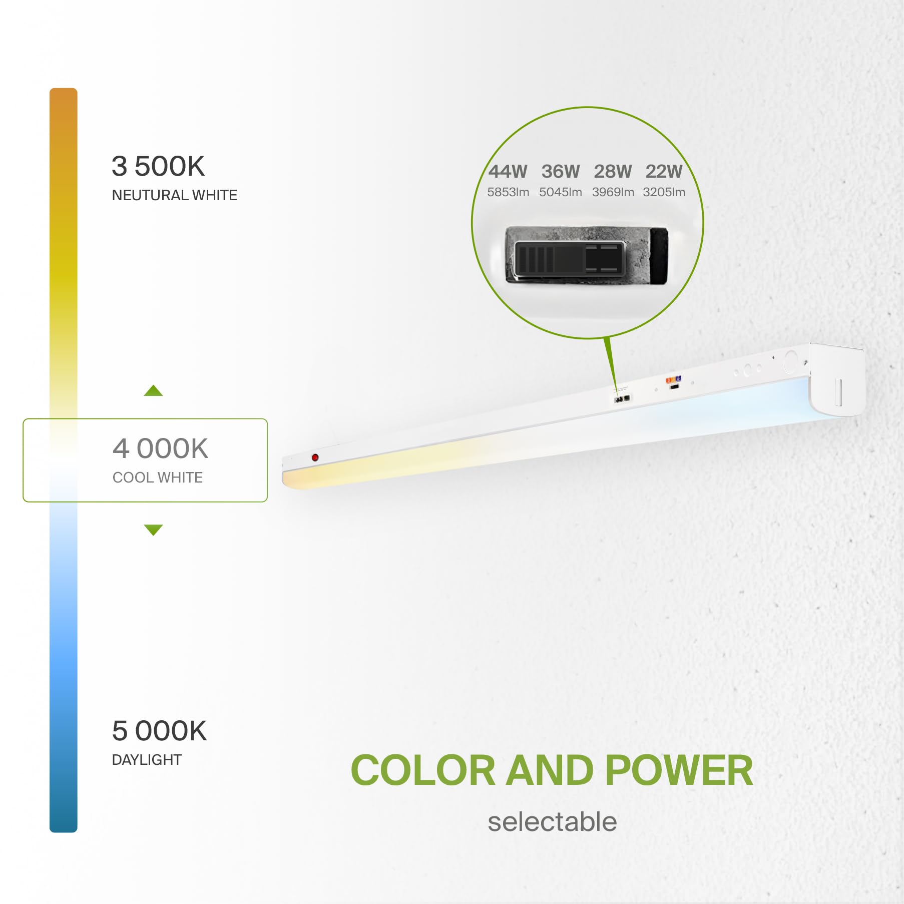 ASD 4ft LED Linear Strip Light Fixture with Emergency Battery Backup - 22W-44W 5853LM Linkable LED Shop Light - 3500K-5000K Adjustable Dimmable Commercial Ceiling Light Fixture - UL DLC