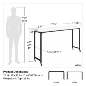 Ameriwood Home Park Hill Adjustable Height Over-The-Bed Desk with Castors, White