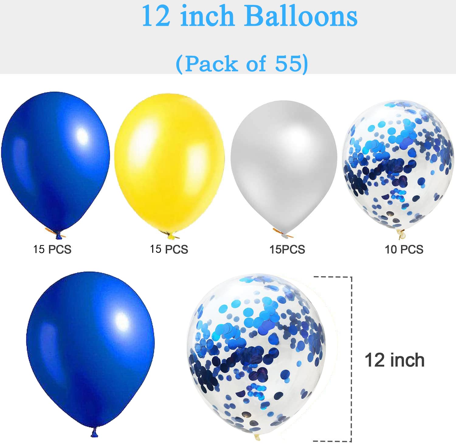 ZZRY Royal Blue Yellow White Balloons Kit,12Inch Latex ,55Pcs for graduation py baby shower Birthday Wedding Anniversary Bachelorette, Yellow,blue,white,red