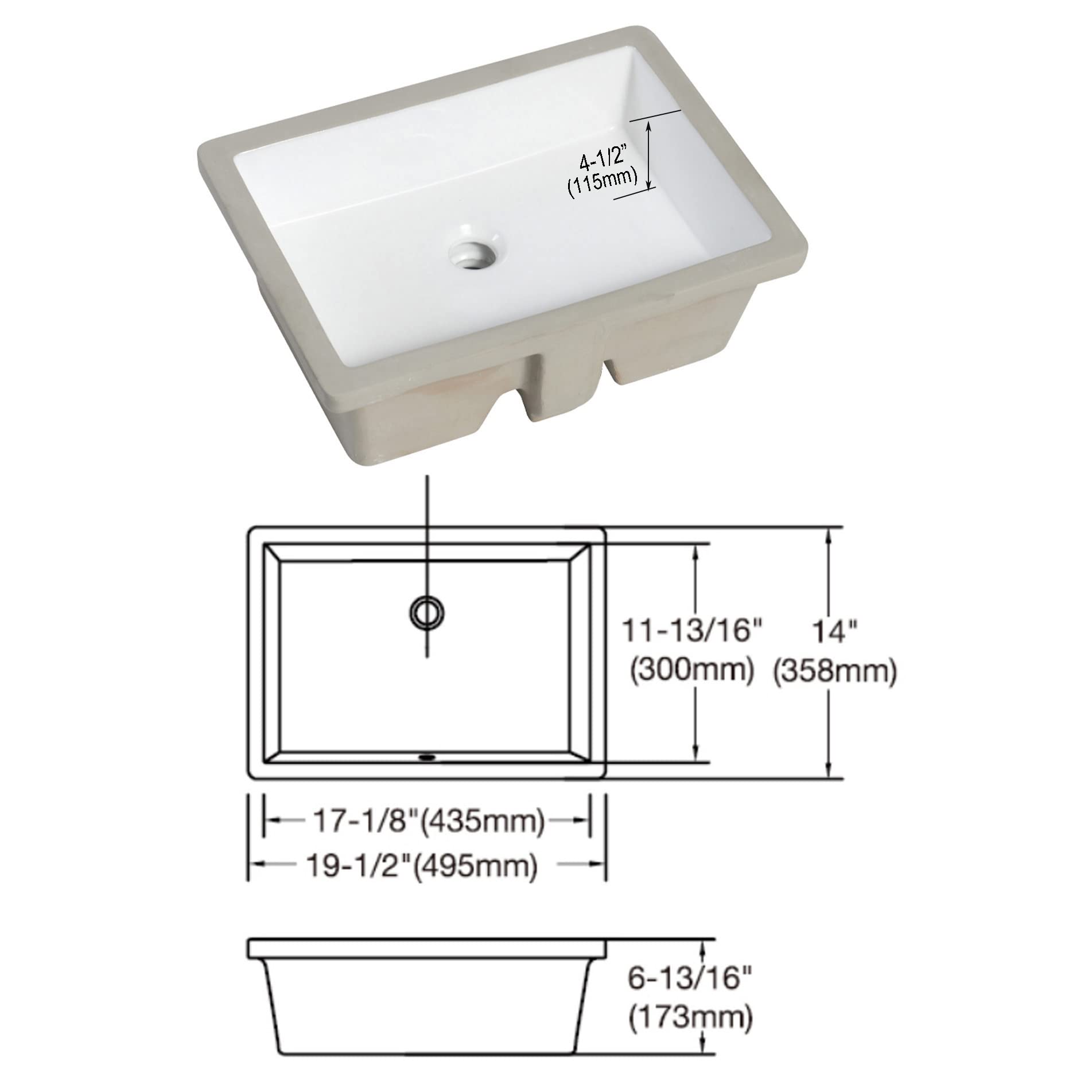 MEJE #T2014-19.5 Inch Rectangle Undermount Bathroom vessel Sink, Ceramic Lavatory Vanity Sink, White