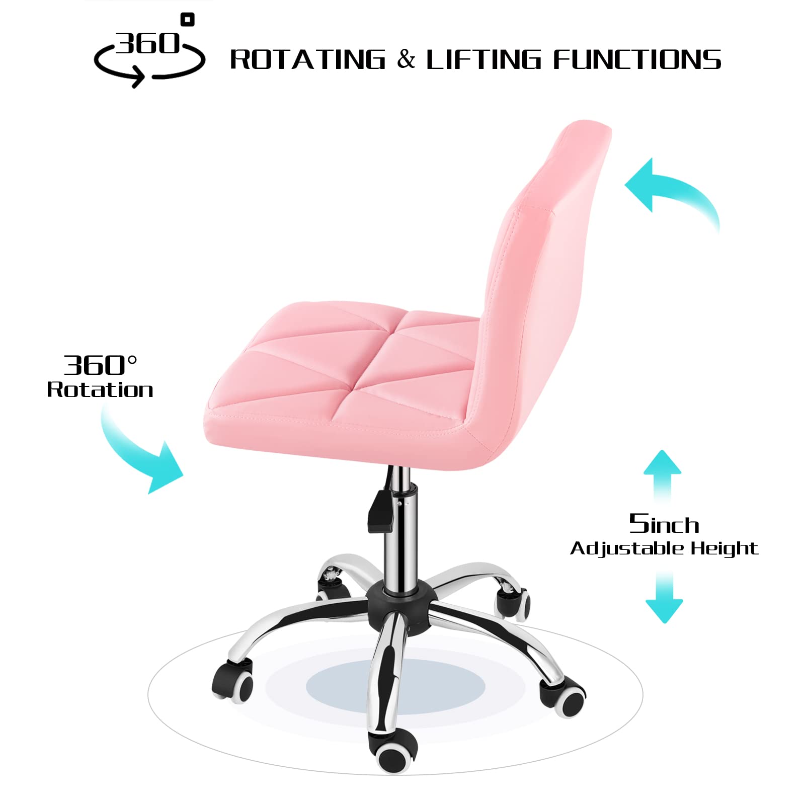 COSVALVE Armless Desk Chair, Low Back Swivel Office Chair, Adjustable Task Chair with Rolling Wheels and Diamond Pattern, for Home Computer Barber, Pink