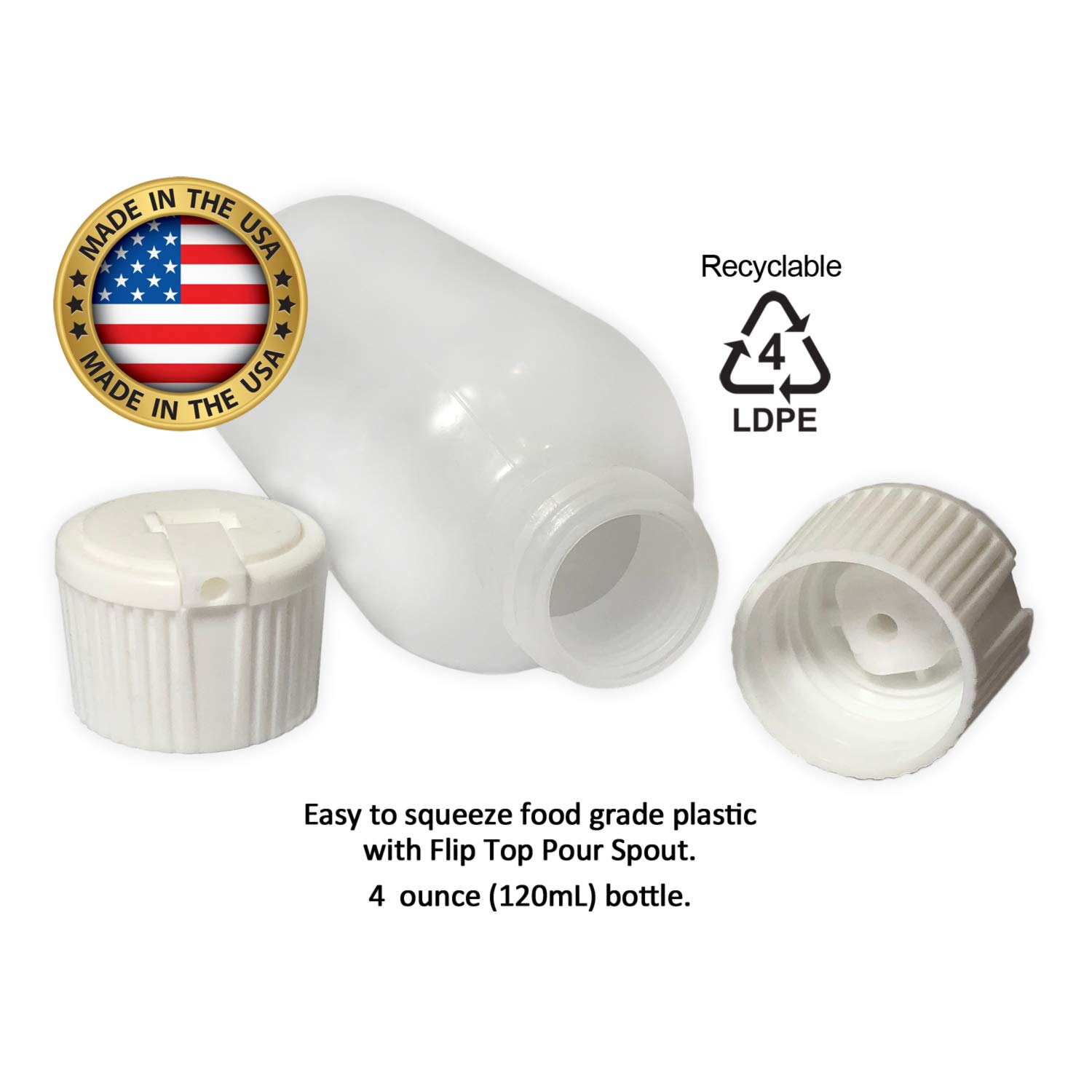 510 Central Boston Round Flip Top Pour Spout Cap 120mL (4oz, 2 Pack) LDPE Plastic Bottle Made In USA