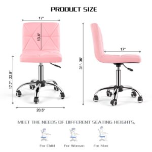 COSVALVE Armless Desk Chair, Low Back Swivel Office Chair, Adjustable Task Chair with Rolling Wheels and Diamond Pattern, for Home Computer Barber, Pink