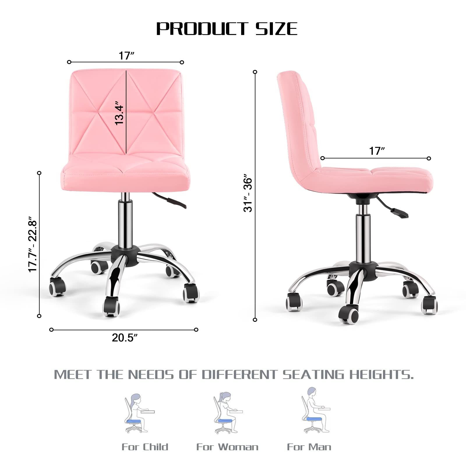 COSVALVE Armless Desk Chair, Low Back Swivel Office Chair, Adjustable Task Chair with Rolling Wheels and Diamond Pattern, for Home Computer Barber, Pink