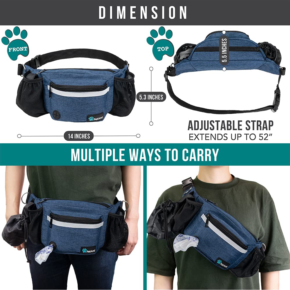 PetAmi Dog Fanny Pack, Treat Pouch for Dog Walking, Training, Built in Poop Bag Dispenser, Water Bottle Holder, Collapsible Bowl, Pet Treat Waist Belt for Hiking, Running, Kibbles (Navy Blue)