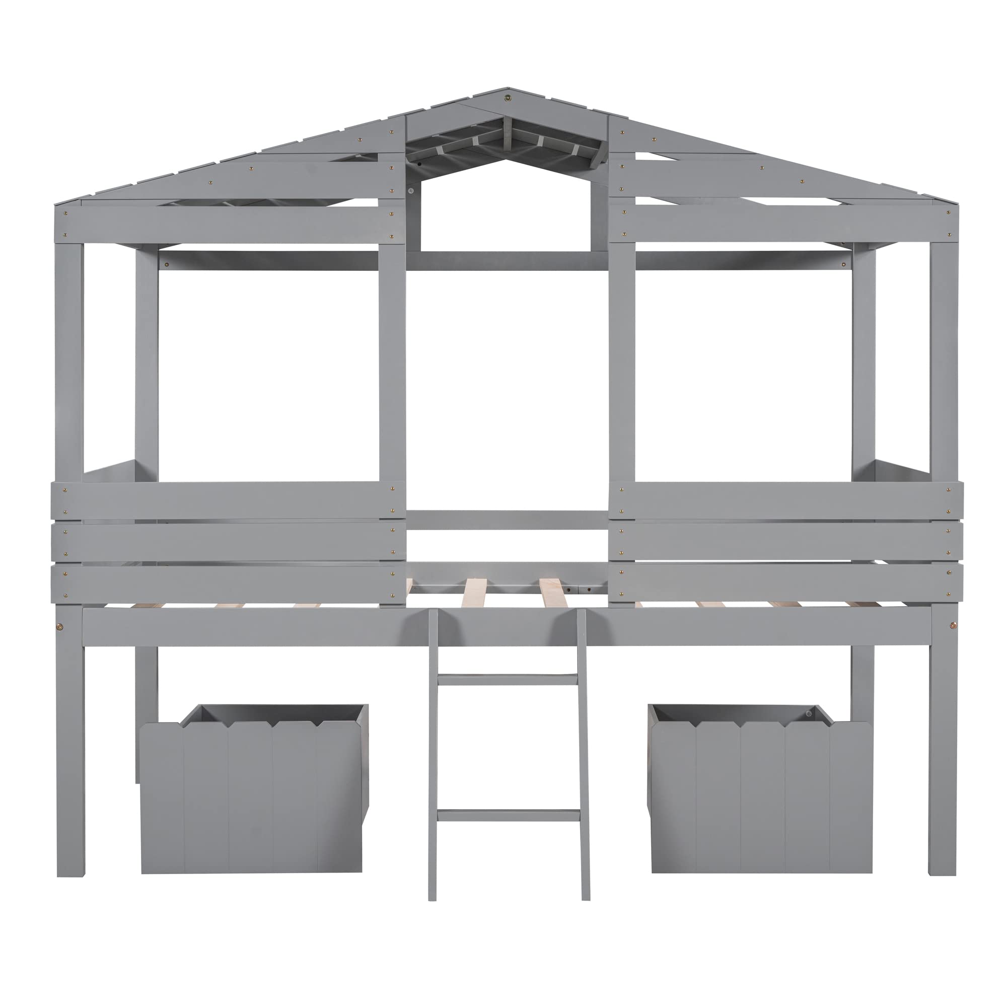 Twin House Bed with Storage Drawers Low Loft Beds Wood Playhouse Bed Frame for Kids Boys Girls Children, Gray