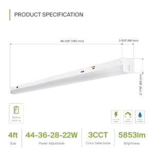 ASD 4ft LED Linear Strip Light Fixture with Emergency Battery Backup - 22W-44W 5853LM Linkable LED Shop Light - 3500K-5000K Adjustable Dimmable Commercial Ceiling Light Fixture - UL DLC