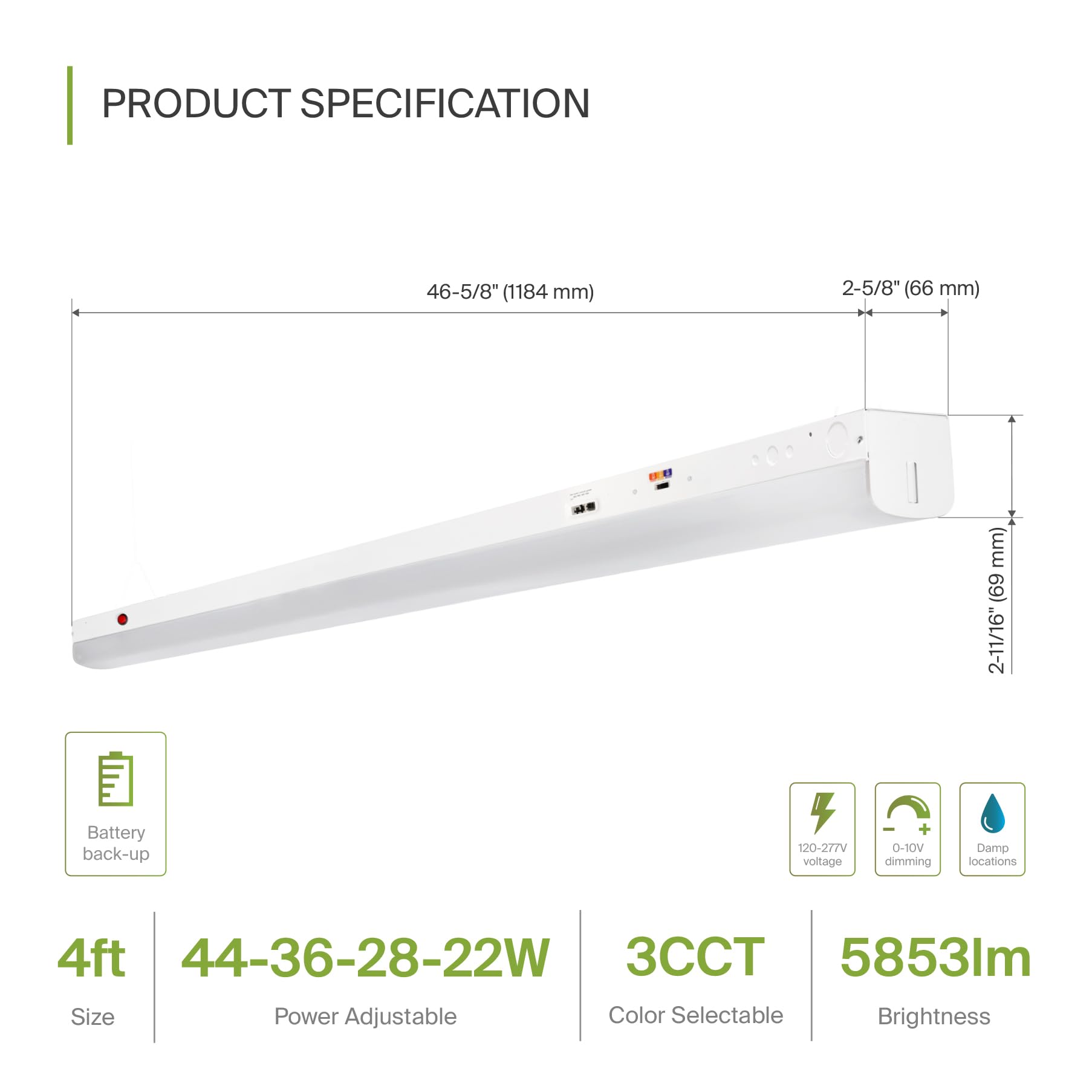 ASD 4ft LED Linear Strip Light Fixture with Emergency Battery Backup - 22W-44W 5853LM Linkable LED Shop Light - 3500K-5000K Adjustable Dimmable Commercial Ceiling Light Fixture - UL DLC