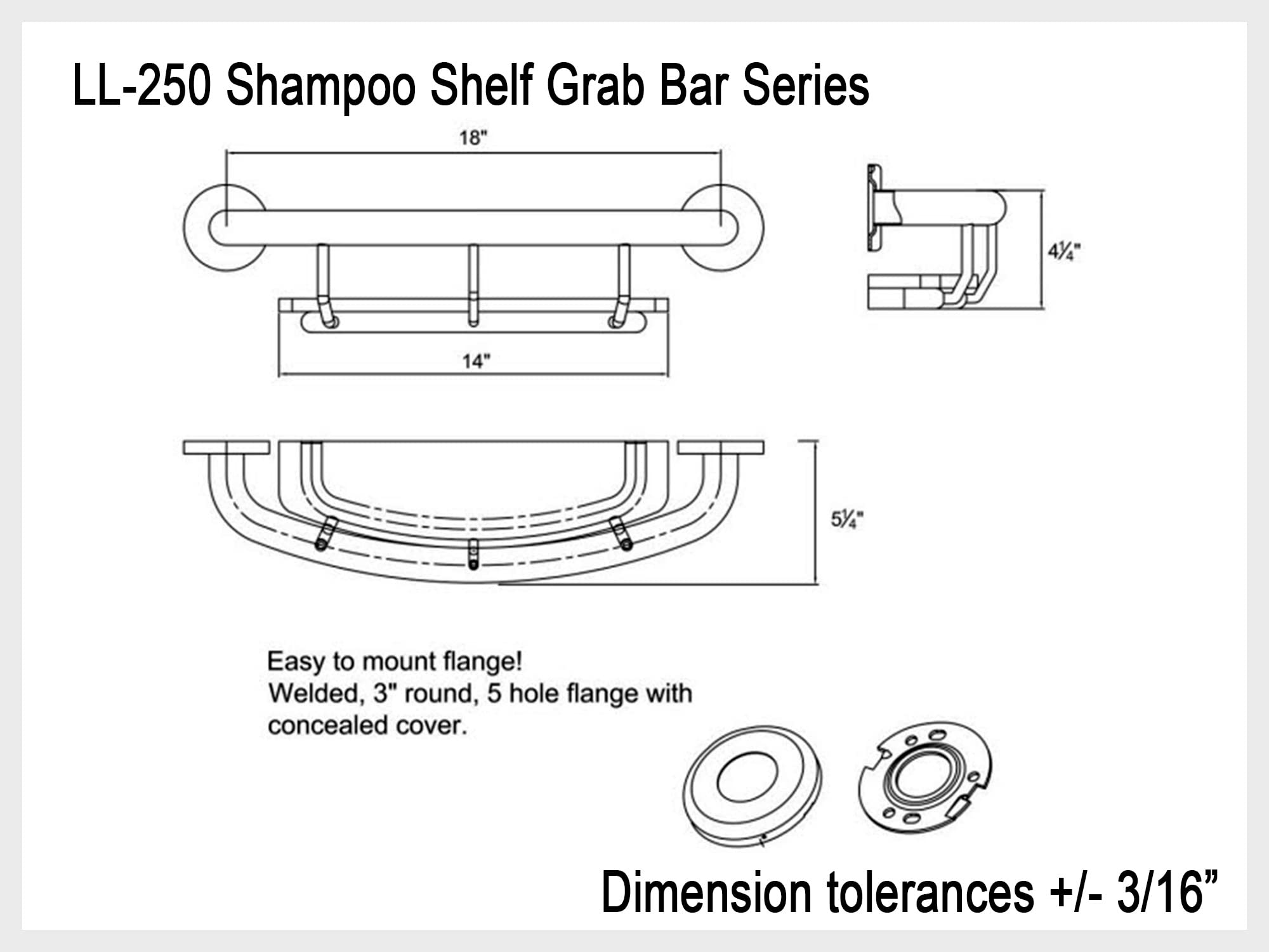 Shelf Grab Bar for Bathroom Shower Tub Kitchen Safety/304 Stainless Steel/Matte Black/ 18" x 5.5"