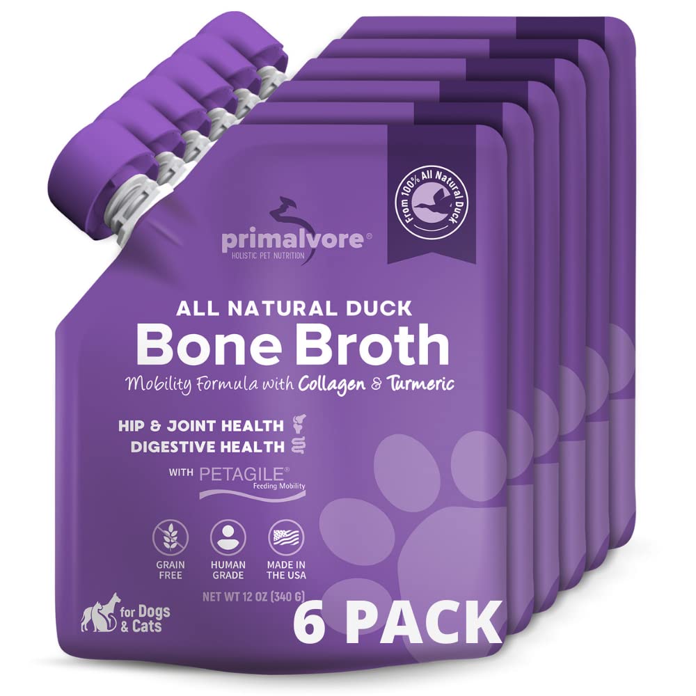 Primalvore All-Natural Duck Bone Broth for Dogs &Cats, Mobility Formula w/Collagen Peptides for Hip & Joints, Digestion, Skin & Coat and Hydration. Grain Free, Human Grade, Made in USA. Duck 6 Pack