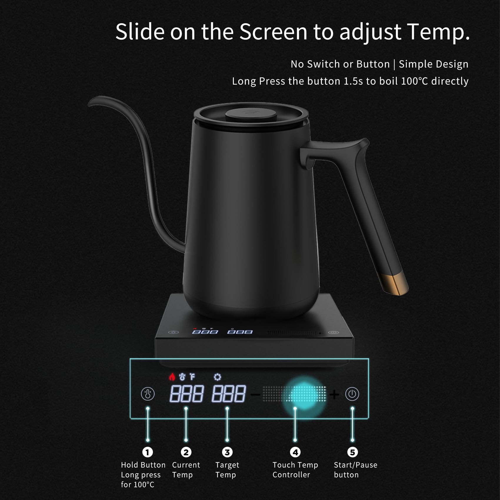 TIMEMORE Fish Smart Electric Coffee Kettle 600ML, Gooseneck Pour Over Kettle for Coffee and Tea Variable Temperature Control, Home Edition Black