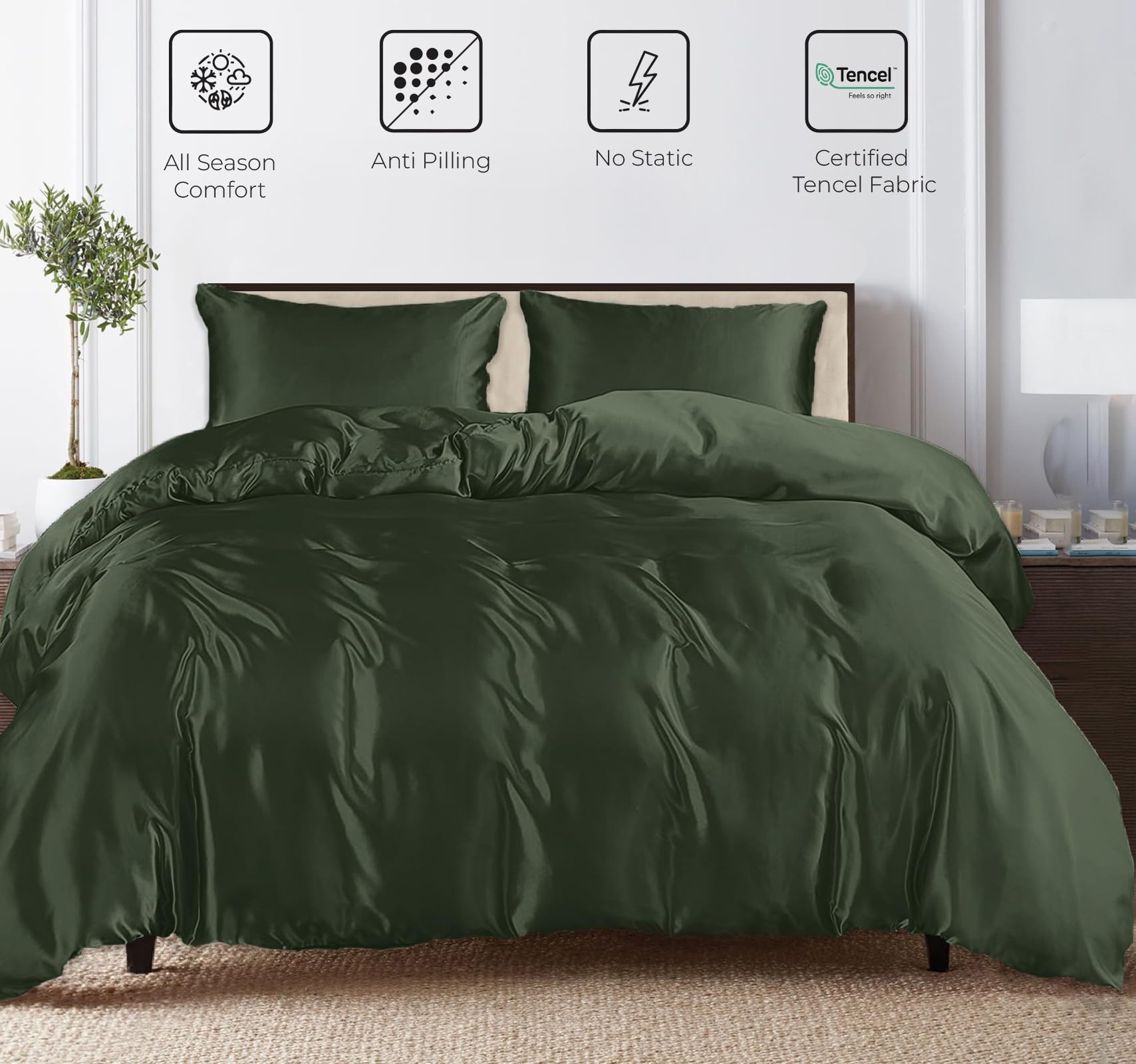 Linenwalas Tencel Lyocell Duvet Cover Set with Deep Pocket Fitted Sheet, Viscose Made from Eucalyptus Soft, Lightweight and Breathable Complete Bedding Set (Avocado Green, Full)