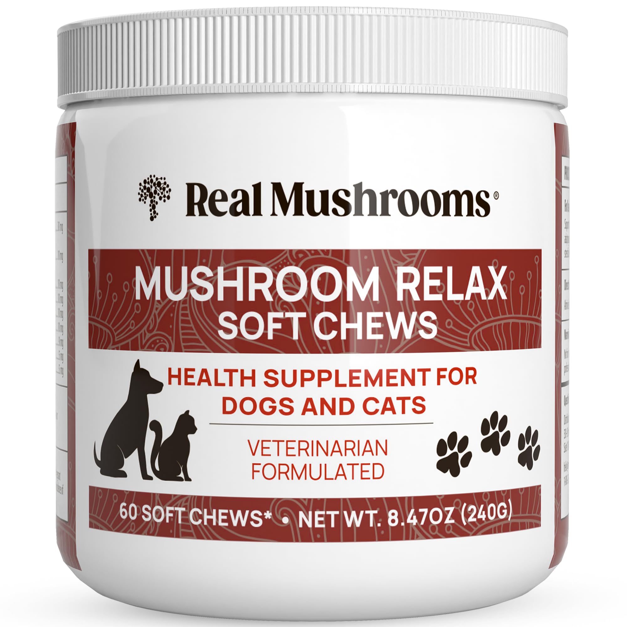 Real Mushrooms Calming Chews for Dogs - Cat & Dog Calming Treats w Reishi & Lion's Mane, Calming Treats for Dogs, Calming Chews for Relaxation, Calming Bites for Pet, Calming Cat Treats - 60ct