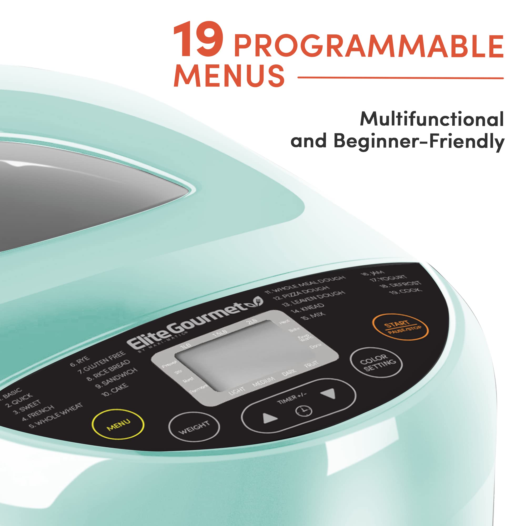 Elite Gourmet EBM8103M Programmable Bread Maker Machine 3 Loaf Sizes, 19 Menu Functions Gluten Free White Wheat Rye French and more, 2 Lbs, Mint