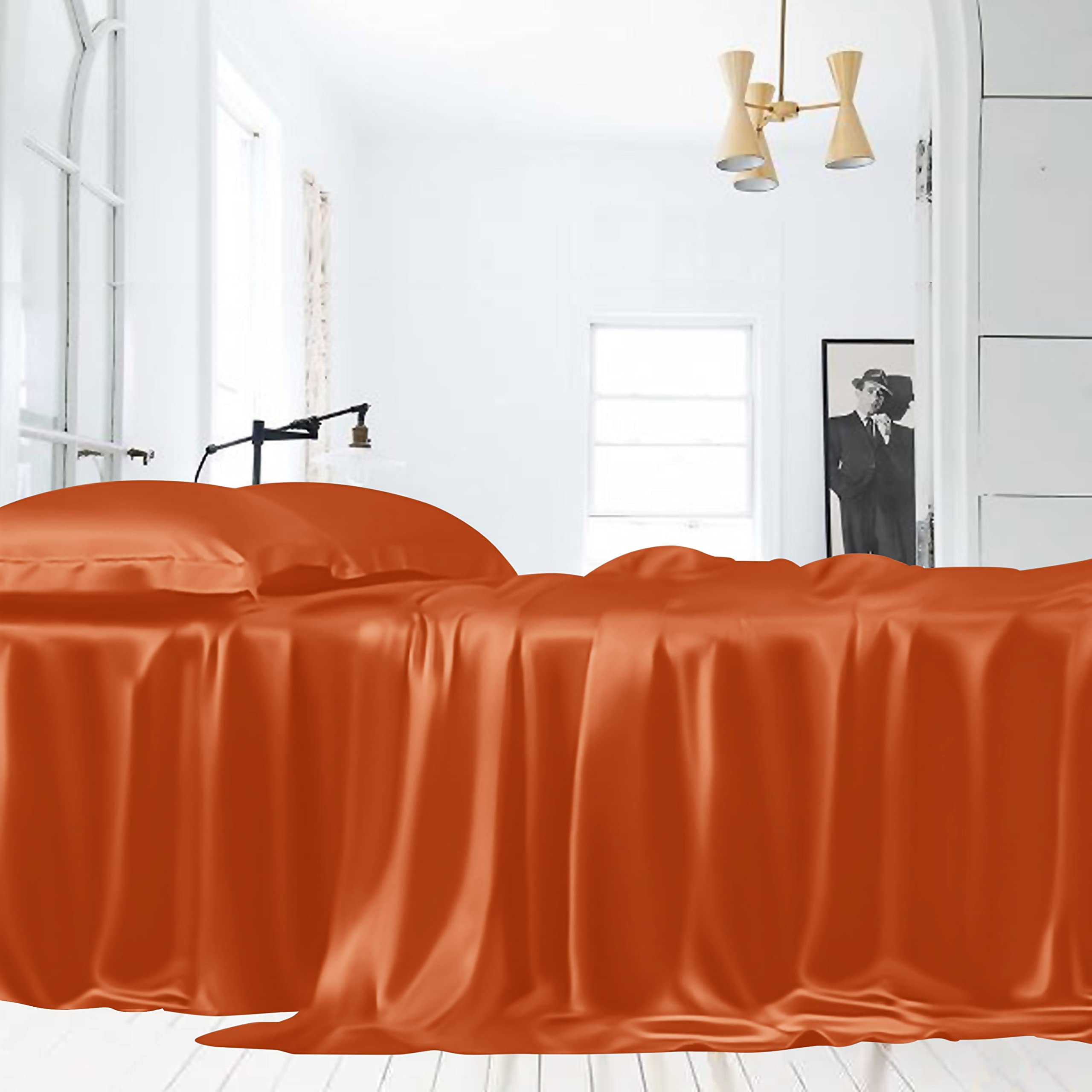 Linenwalas Tencel Lyocell Duvet Cover Set with Deep Pocket Fitted Sheet, Viscose Made from Eucalyptus Soft, Lightweight and Breathable Complete Bedding Set (Halloween Orange, Twin)