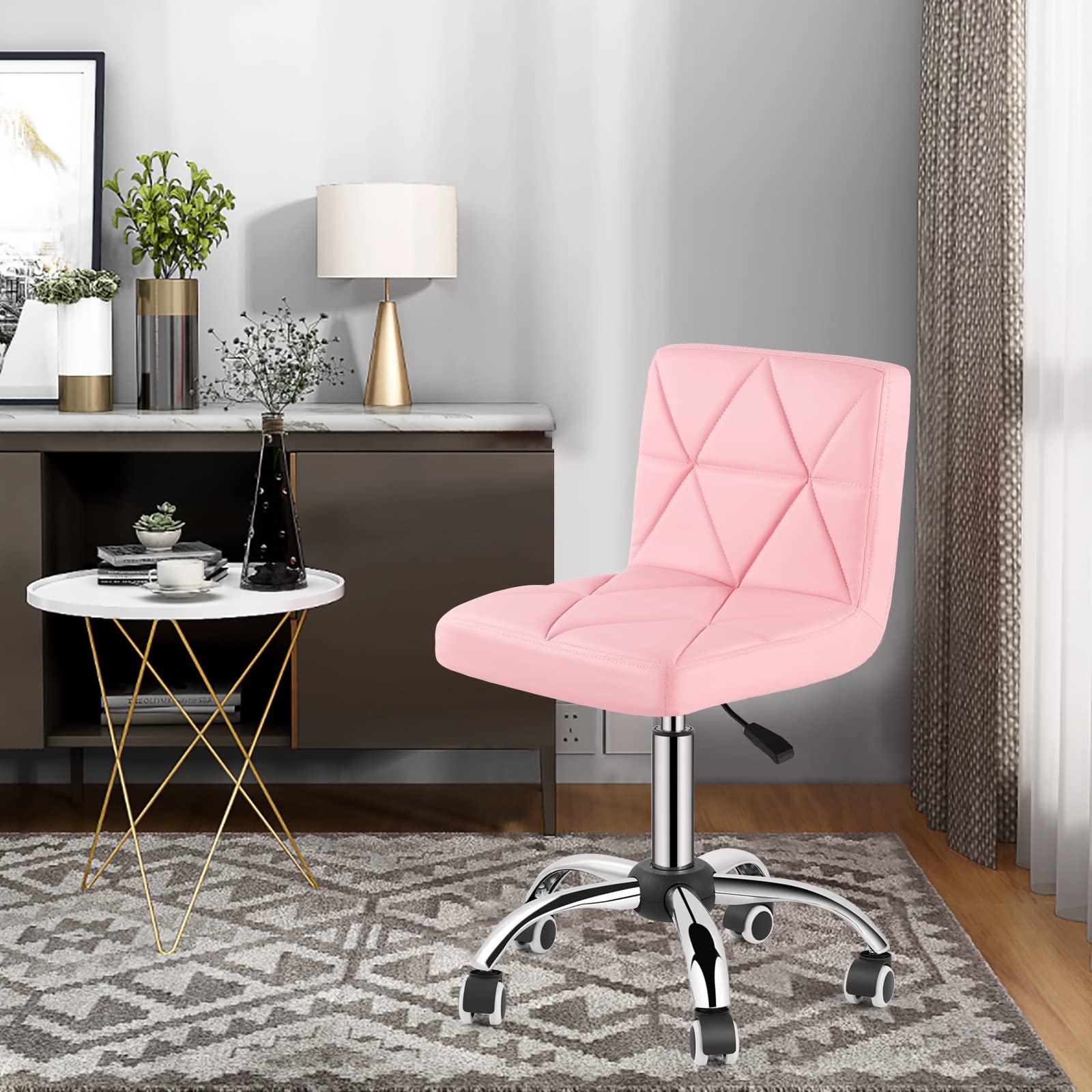 COSVALVE Armless Desk Chair, Low Back Swivel Office Chair, Adjustable Task Chair with Rolling Wheels and Diamond Pattern, for Home Computer Barber, Pink