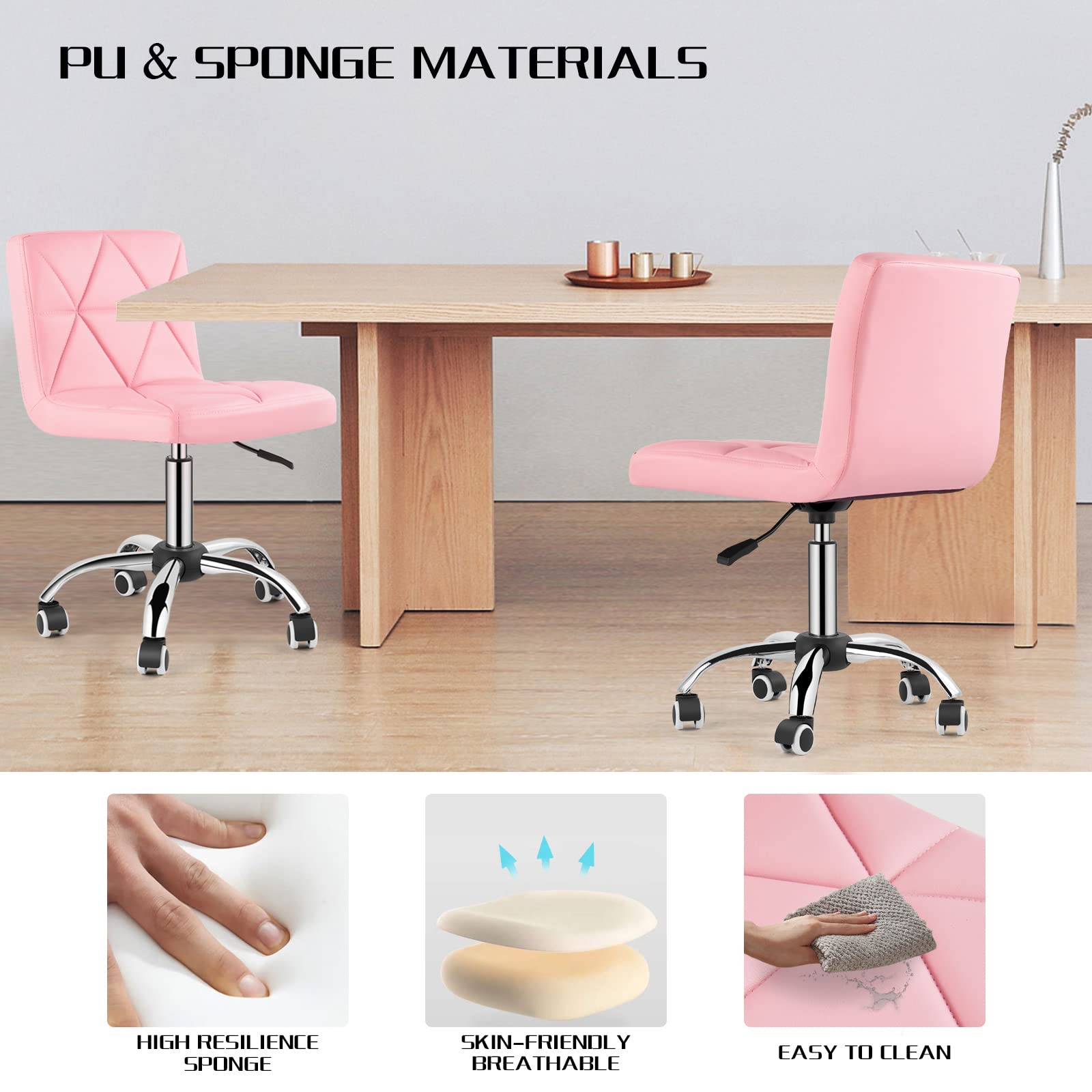 COSVALVE Armless Desk Chair, Low Back Swivel Office Chair, Adjustable Task Chair with Rolling Wheels and Diamond Pattern, for Home Computer Barber, Pink