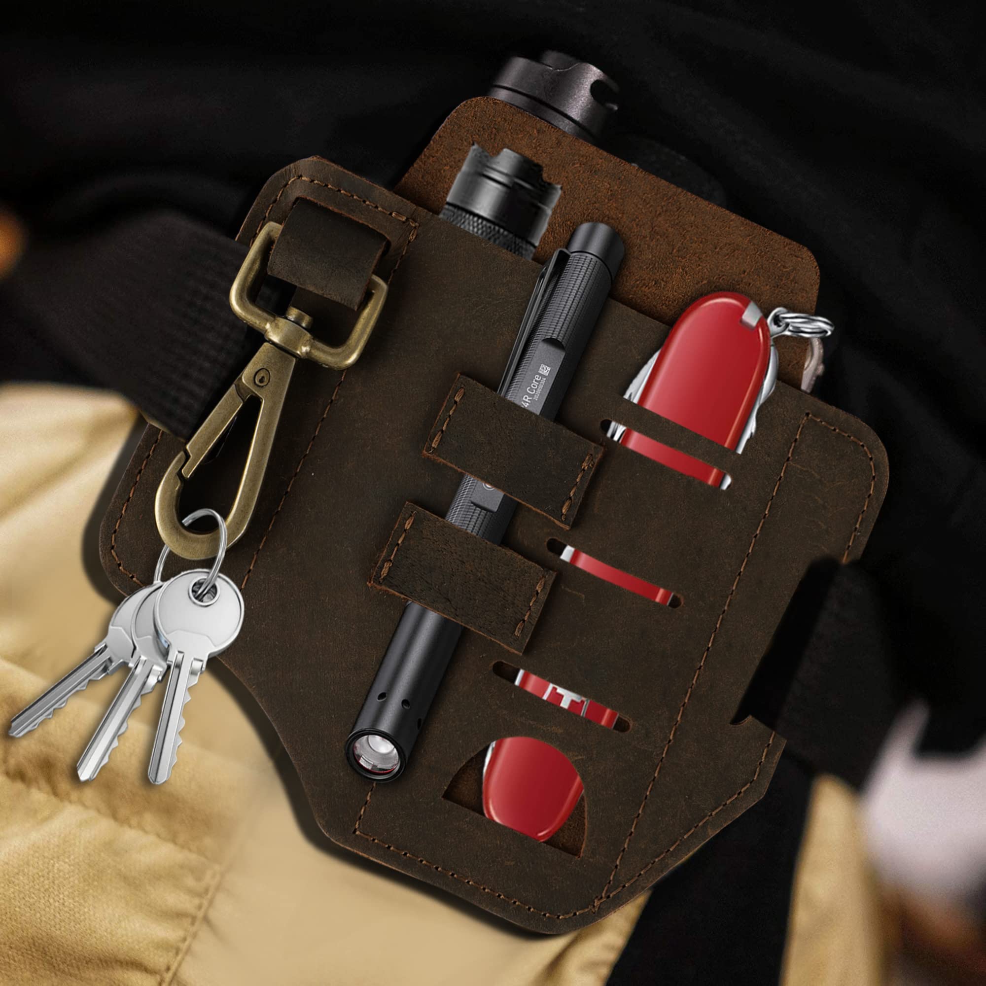 Leather EDC Multi-Tool Holder - Belt Pouch for Tools, Torch, Pen, Key Ring, Robust & Fashionable, Suitable for Professional & Everyday Carry, Perfect Present for Him