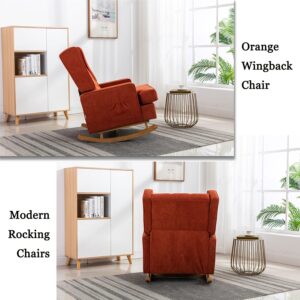 Dolonm Nursery Rocking Chair Upholstered Mid Century Modern Rocker Oversized Wingback Armchair for Living Room with Solid Wood Base (Orange)