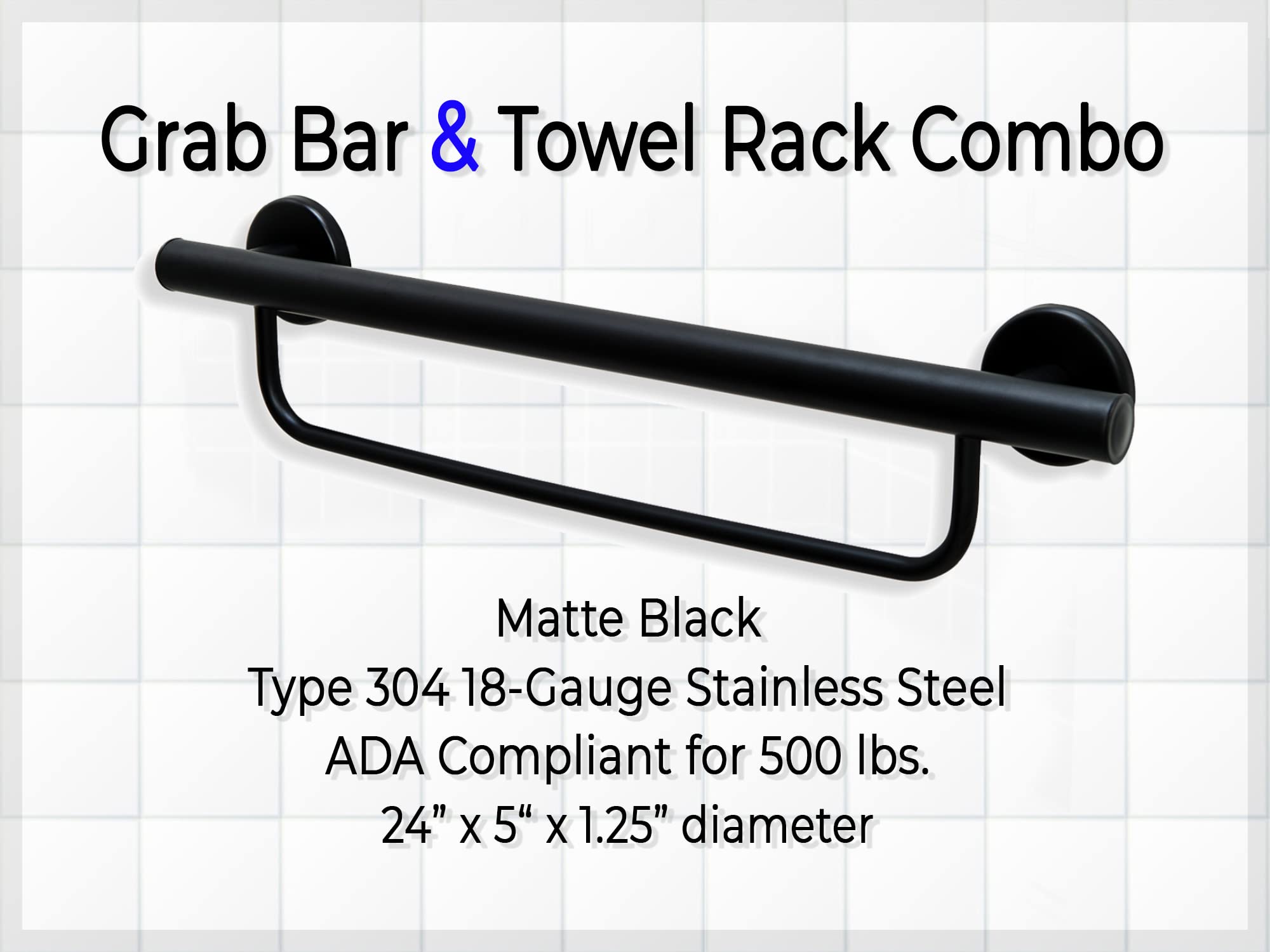 Bathroom Grab Bar Towel Rack for Bathtub Shower Kitchen/304 Stainless Steel/Matte Black/ 24" x 5"