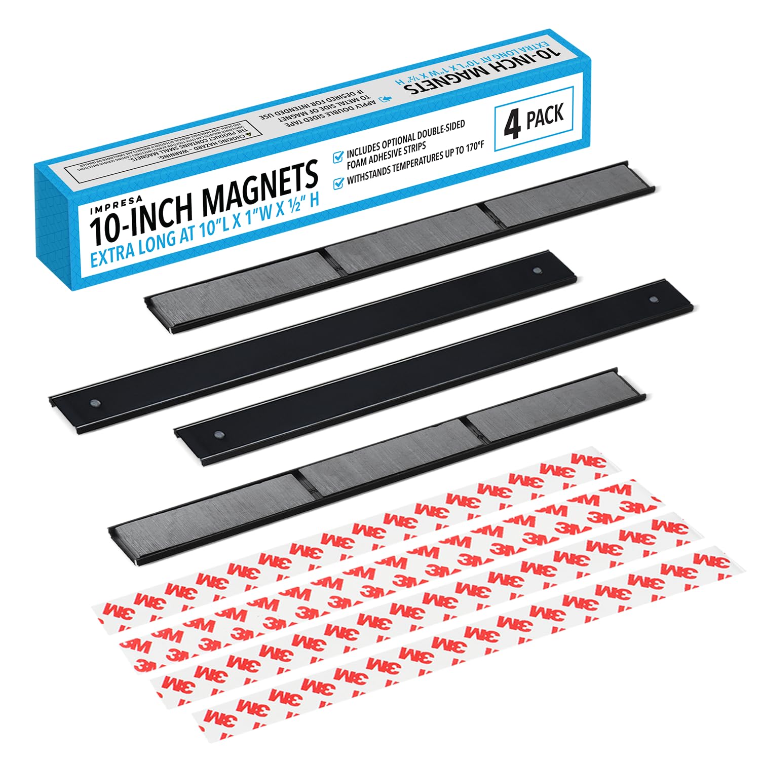 IMPRESA [4 Pack Extra Long Magnets with Optional Adhesive Back for Fireplace Blocker Blanket Fireplace Insulation - 10 Inch Strong Magnets to Secure Fireplace Blanket, Appliances, DIY Projects &More